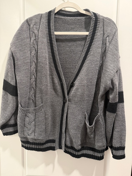 Sweaters - Gray Knit Button Cardigan with Black Trim